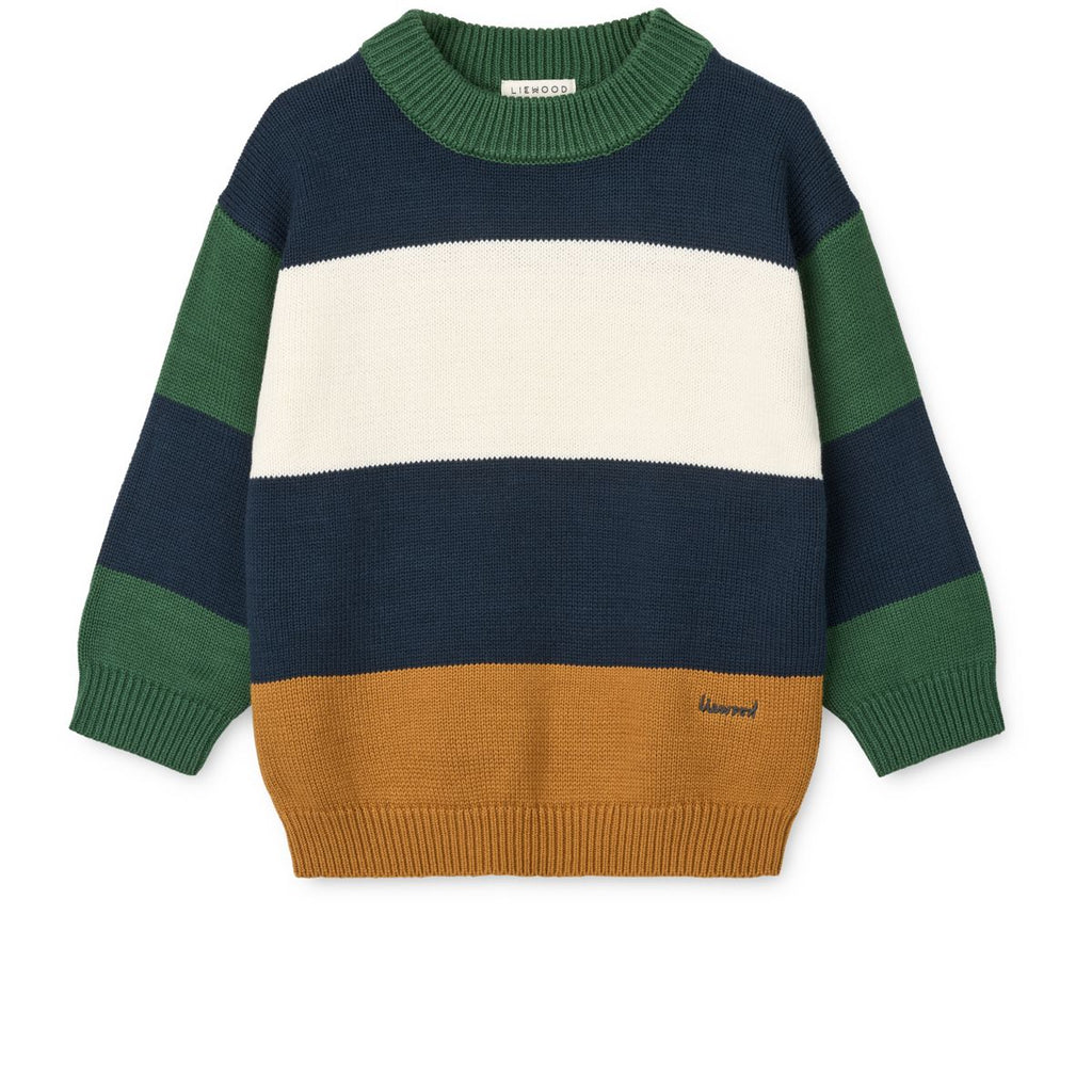 Pull en maille de coton intemporel bleu marine rayé multicolore, avec poignets côtelés et coupe décontractée pour le confort quotidien des enfants