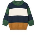 Pull en maille de coton intemporel bleu marine rayé multicolore, avec poignets côtelés et coupe décontractée pour le confort quotidien des enfants