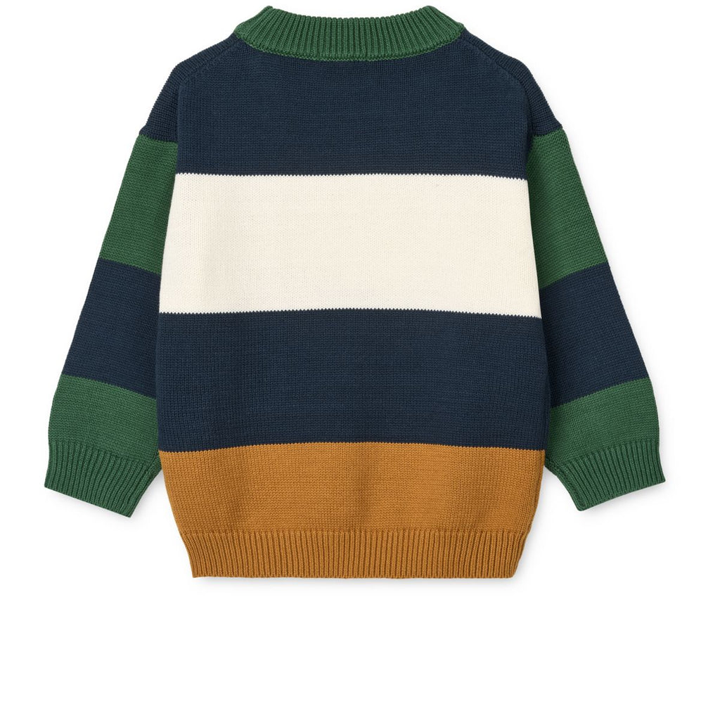 Pull en maille de coton intemporel bleu marine rayé multicolore, avec poignets côtelés et coupe décontractée pour le confort quotidien des enfants