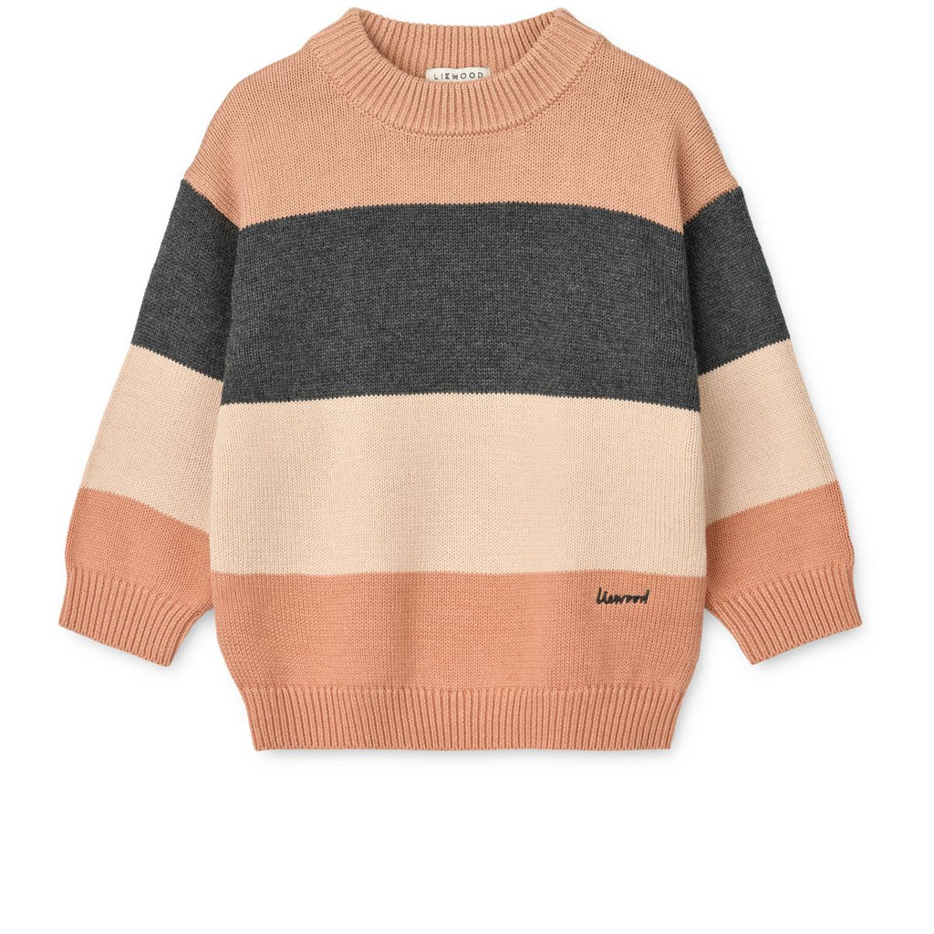 Pull classique en maille de coton à rayures multiples Pâle Toscane avec col ras-du-cou côtelé et épaules tombantes pour les week-ends d'hiver