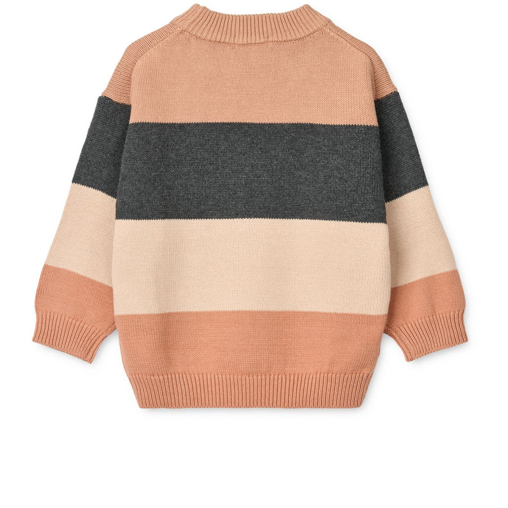 Pull classique en maille de coton à rayures multiples Pâle Toscane avec col ras-du-cou côtelé et épaules tombantes pour les week-ends d'hiver