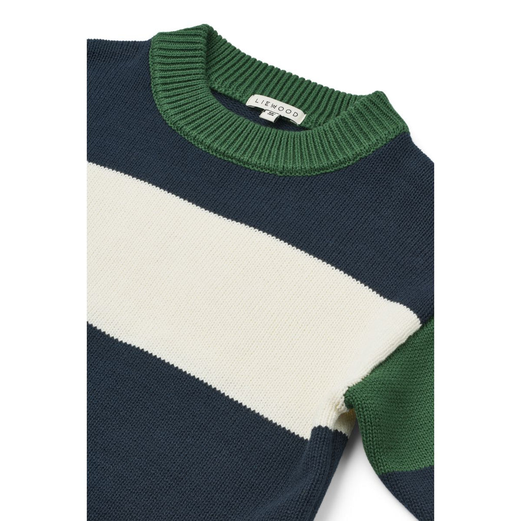 Pull en maille de coton intemporel bleu marine rayé multicolore, avec poignets côtelés et coupe décontractée pour le confort quotidien des enfants