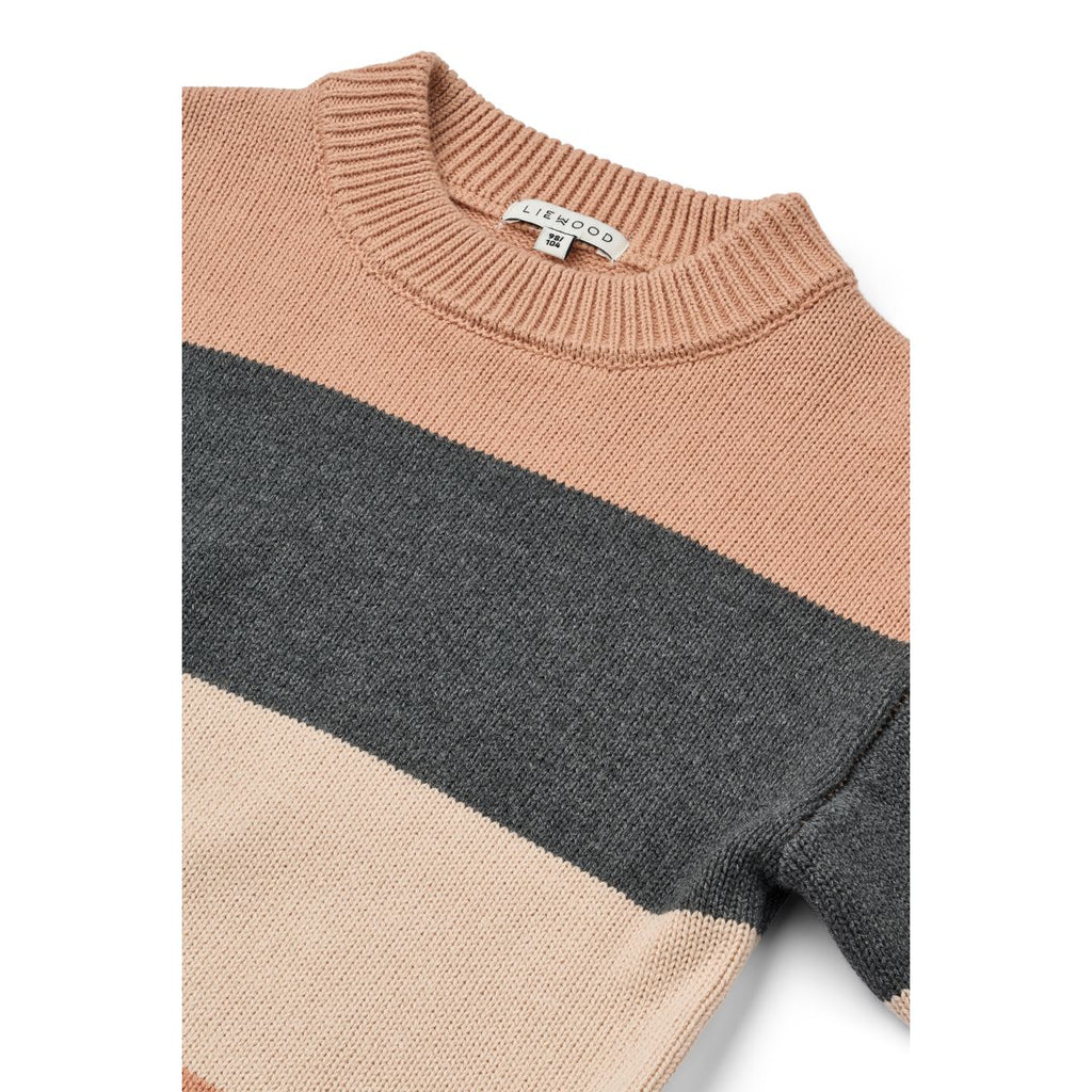 Pull classique en maille de coton à rayures multiples Pâle Toscane avec col ras-du-cou côtelé et épaules tombantes pour les week-ends d'hiver