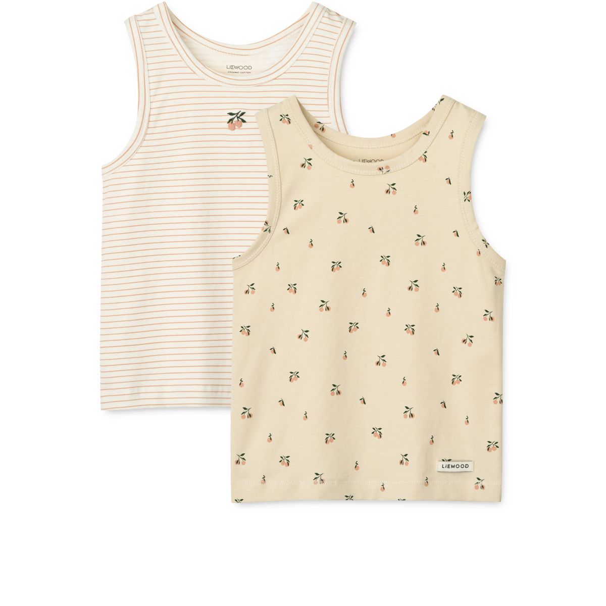 Lot de 2 débardeurs en coton biologique avec imprimé rayé et coquillages couleur pêche douce, détails brodés, pour enfants (superposition et vêtements d'été)