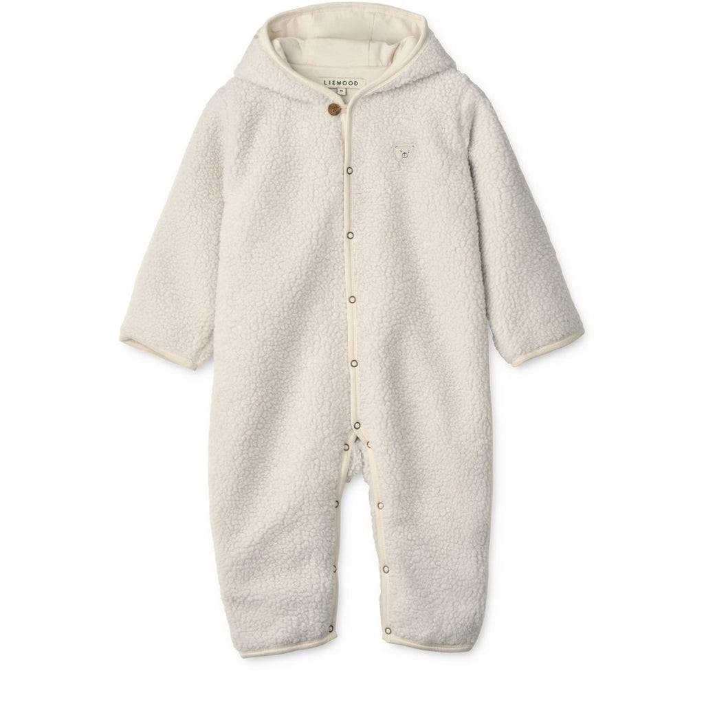Grenouillère bébé à capuche en molleton de polyester recyclé avec poignets et chevilles repliables et ouverture à boutons-pression pour les sorties en poussette