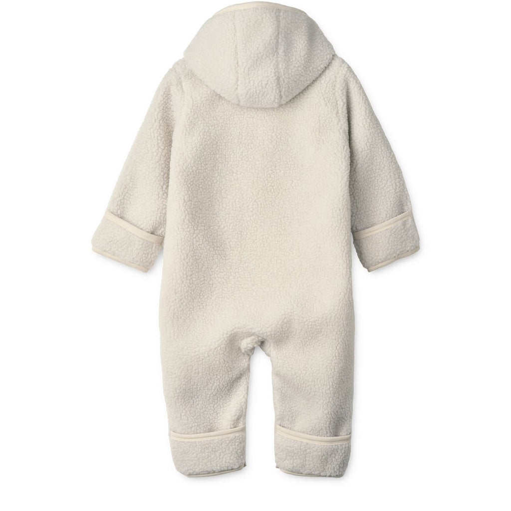 Grenouillère bébé à capuche en molleton de polyester recyclé avec poignets et chevilles repliables et ouverture à boutons-pression pour les sorties en poussette