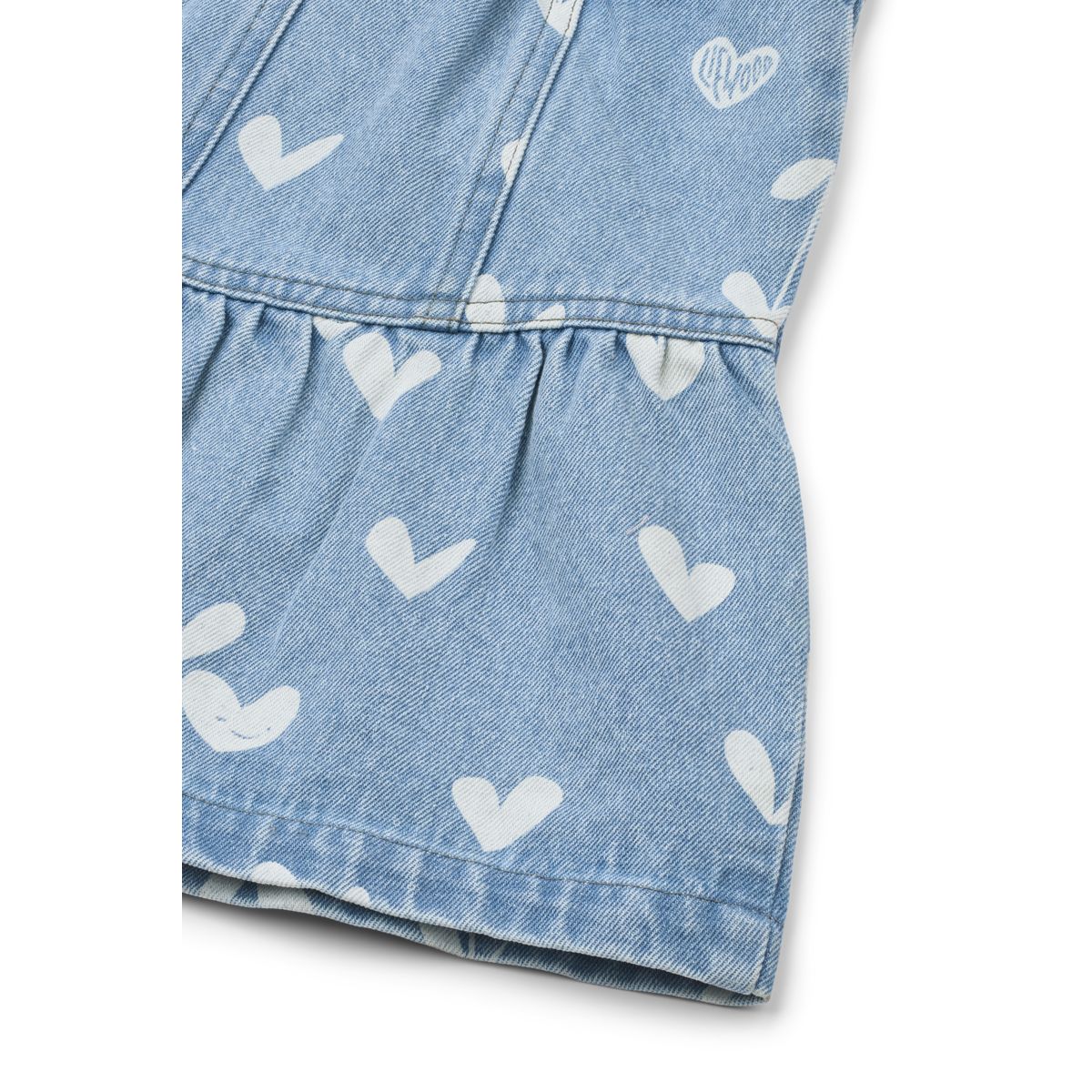 Jupe en jean en coton avec imprimé cœurs bleu clair, ourlet à larges volants et taille élastiquée au dos pour fille, idéale au quotidien