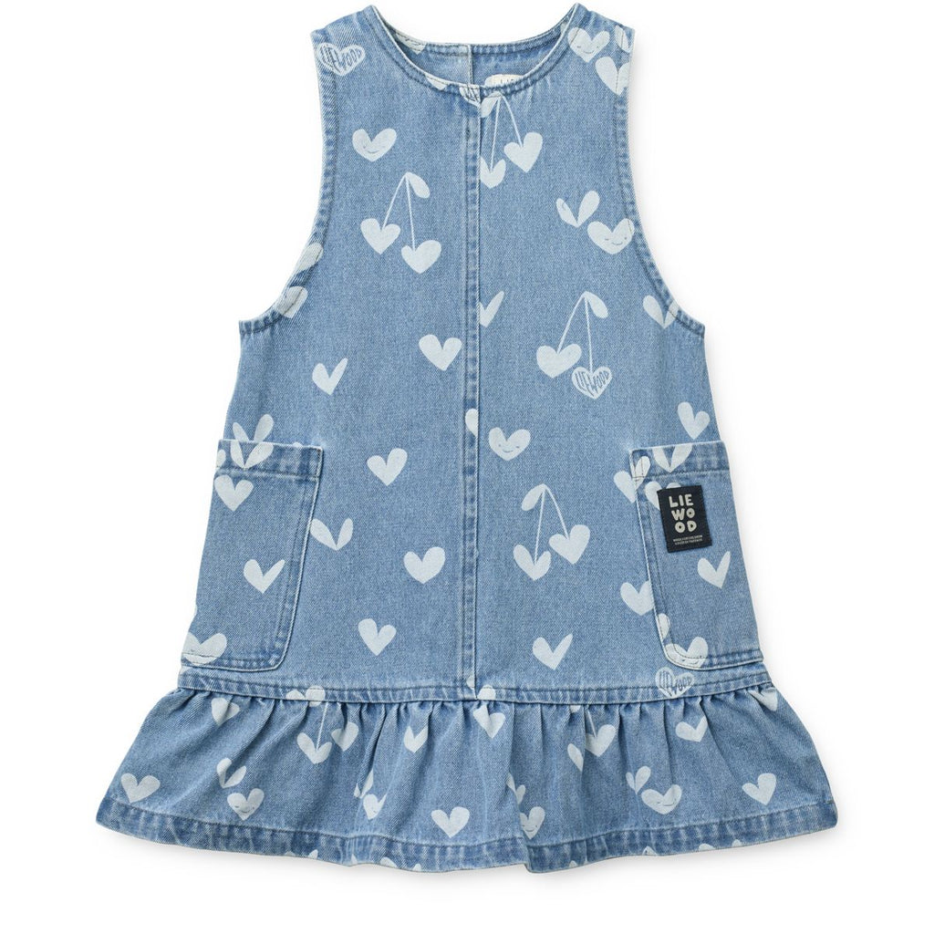 Robe en jean de coton bleu clair vintage à imprimé cœur, avec volants et poches plaquées, pour tenues décontractées d'enfants