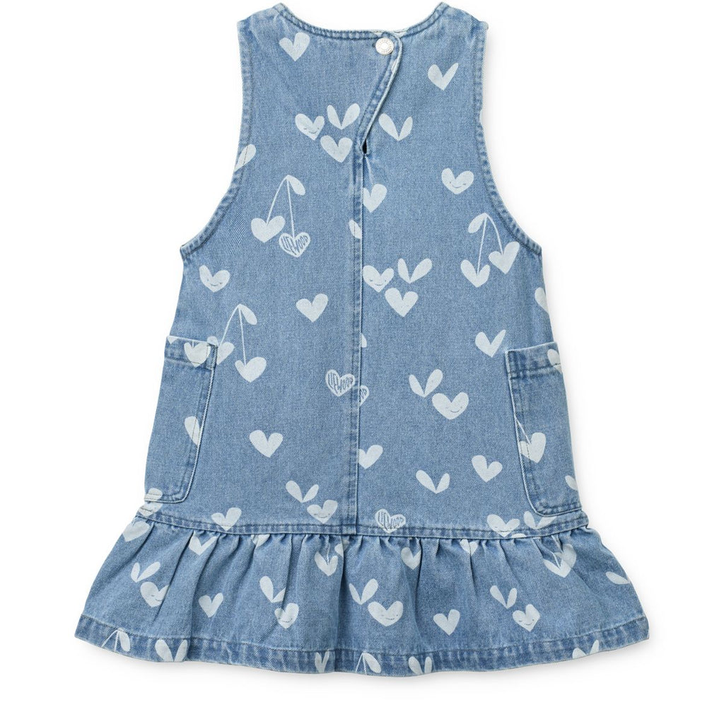 Robe en jean de coton bleu clair vintage à imprimé cœur, avec volants et poches plaquées, pour tenues décontractées d'enfants