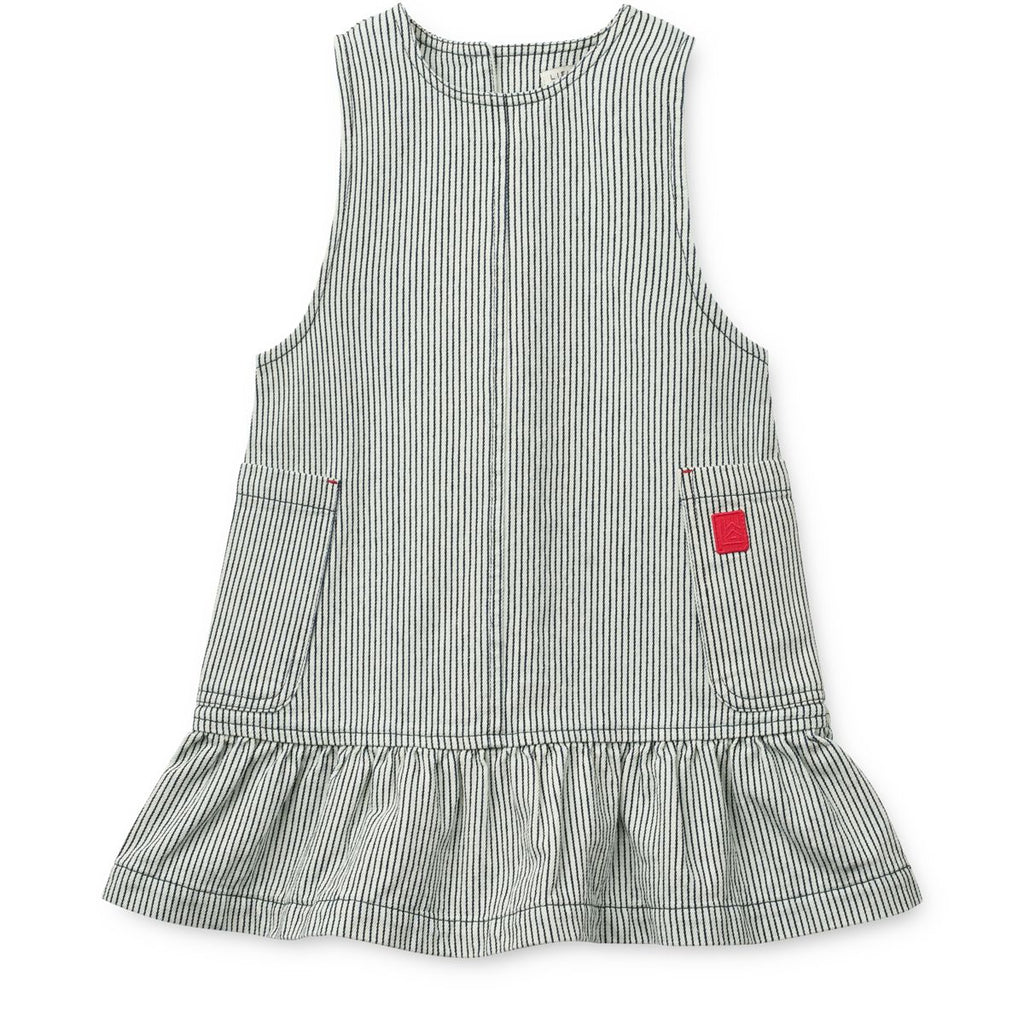 Robe trapèze en jean de coton rayé crème et bleu marine classique avec volants et fermeture croisée dans le dos, idéale pour l'école et le week-end