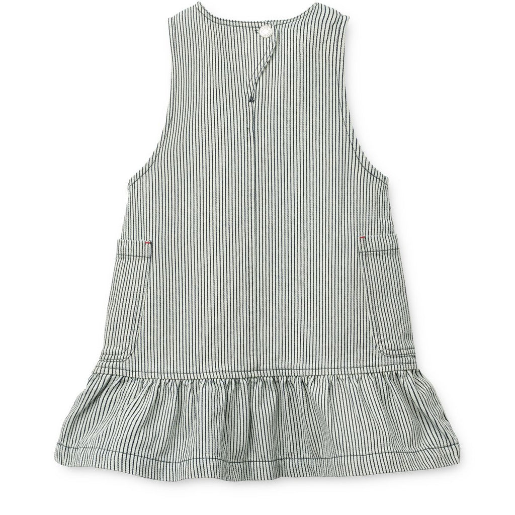 Robe trapèze en jean de coton rayé crème et bleu marine classique avec volants et fermeture croisée dans le dos, idéale pour l'école et le week-end