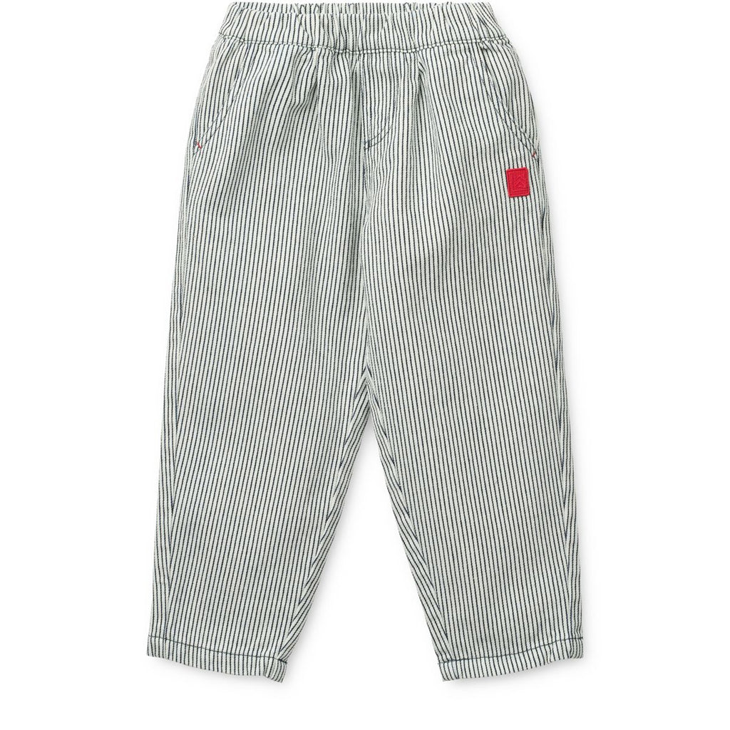 Pantalon en jean en coton rayé bleu marine classique avec taille élastique réglable et poches obliques pour enfants