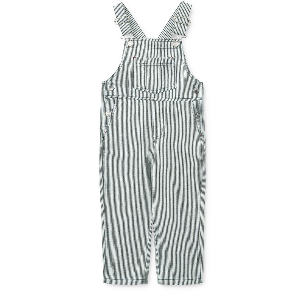 Salopette en jean de coton rayée bleu marine classique avec bretelles à boucles métalliques et poche poitrine pour les mouvements quotidiens des enfants