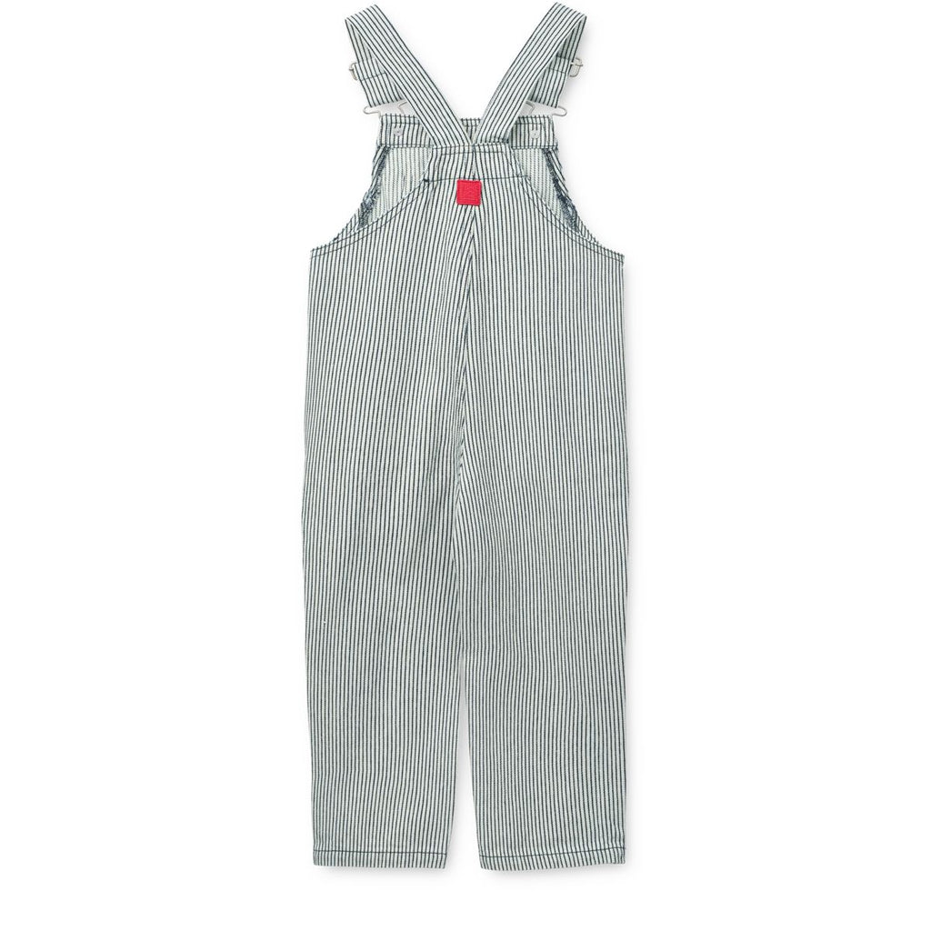 Salopette en jean de coton rayée bleu marine classique avec bretelles à boucles métalliques et poche poitrine pour les mouvements quotidiens des enfants