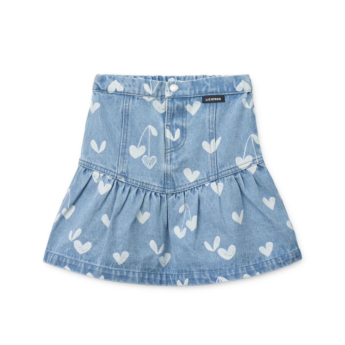 Jupe en jean en coton avec imprimé cœurs bleu clair, ourlet à larges volants et taille élastiquée au dos pour fille, idéale au quotidien
