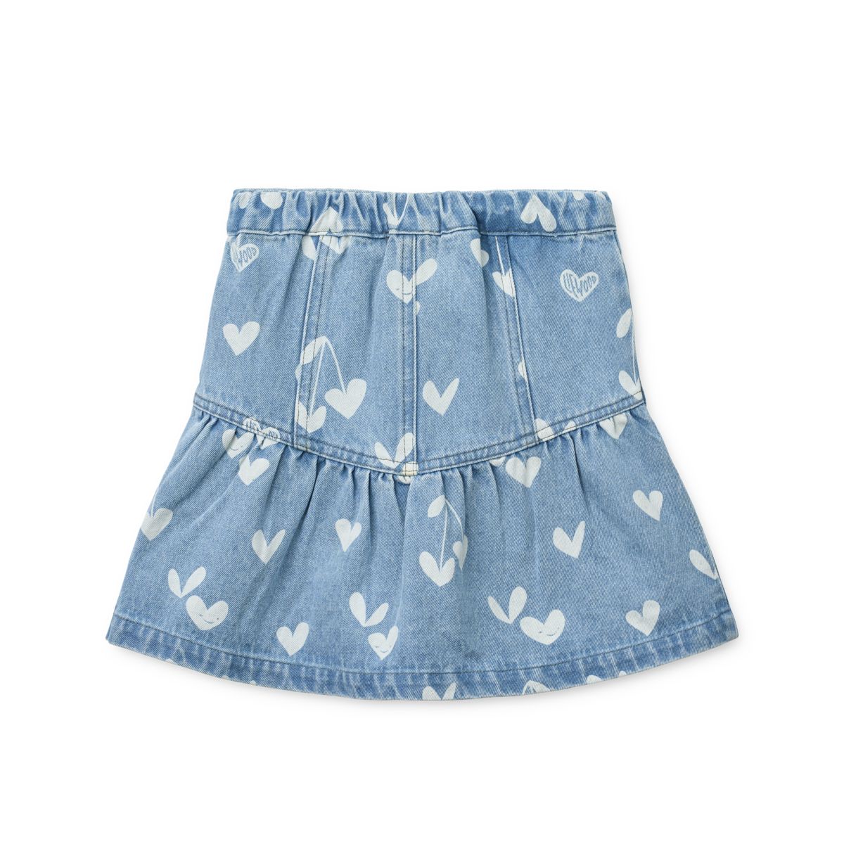 Jupe en jean en coton avec imprimé cœurs bleu clair, ourlet à larges volants et taille élastiquée au dos pour fille, idéale au quotidien