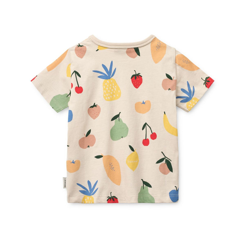 T-shirt décontracté en coton biologique à imprimé fruits tropicaux, à manches courtes, col rond et coupe régulière pour le quotidien des enfants
