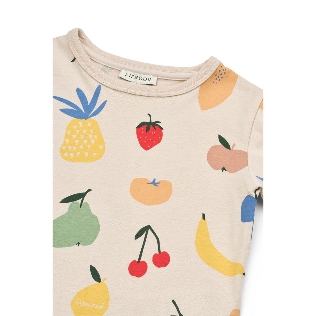 T-shirt décontracté en coton biologique à imprimé fruits tropicaux, à manches courtes, col rond et coupe régulière pour le quotidien des enfants