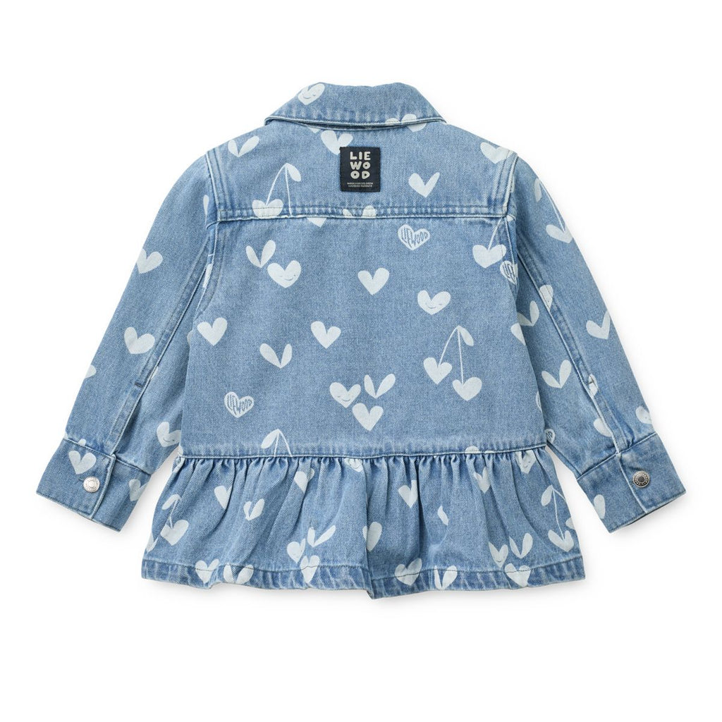 Surchemise en jean de coton bleu clair vintage à imprimé cœurs avec ourlet volanté et poches plaquées pour enfants