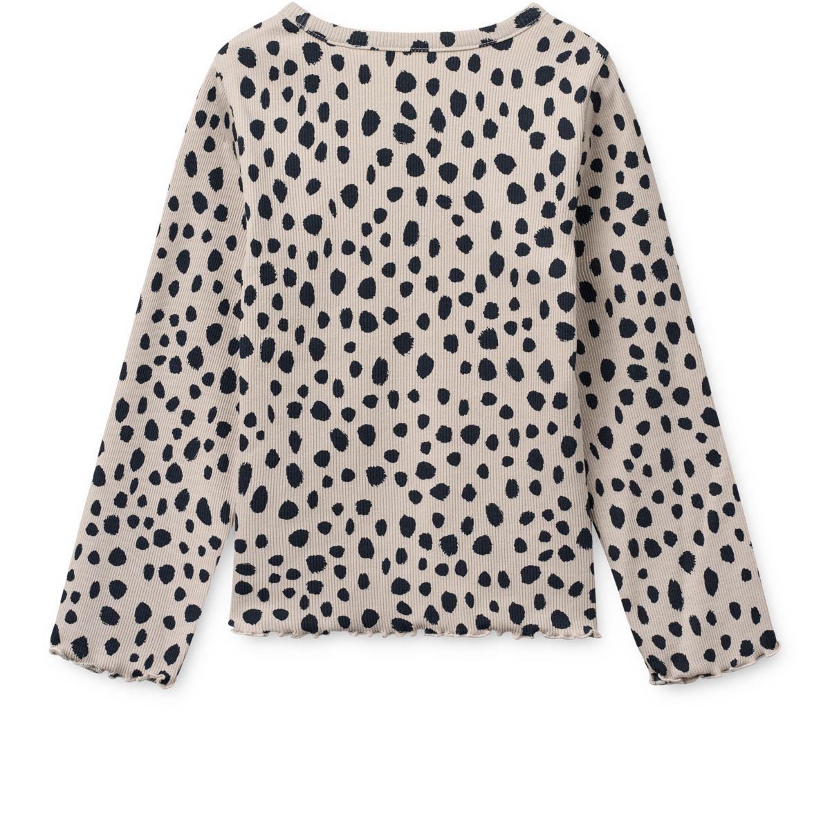 T-shirt côtelé ajusté à manches longues en coton biologique imprimé léopard avec poignets à volants pour enfants, idéal pour superposer ou porter au quotidien.
