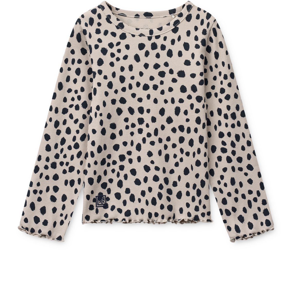 T-shirt côtelé ajusté à manches longues en coton biologique imprimé léopard avec poignets à volants pour enfants, idéal pour superposer ou porter au quotidien.