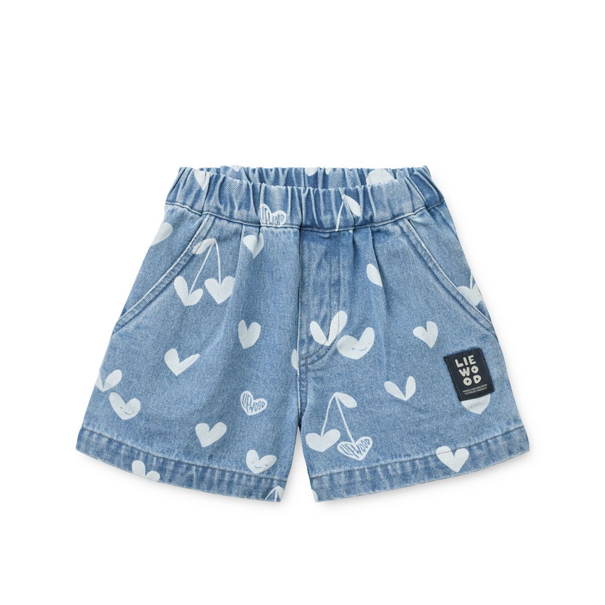 Short en jean en coton bleu clair décontracté imprimé cœurs avec taille ajustable pour les aventures des enfants par temps chaud