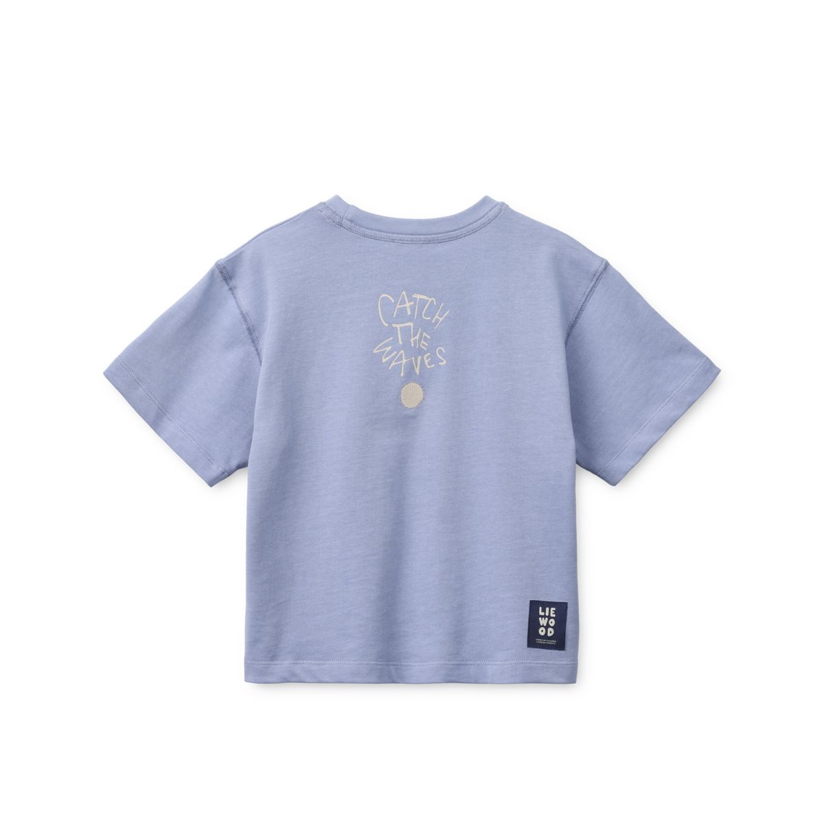 T-shirt à manches courtes en coton biologique lilas, coupe carrée, imprimé vagues, épaules tombantes, pour l'école et le week-end