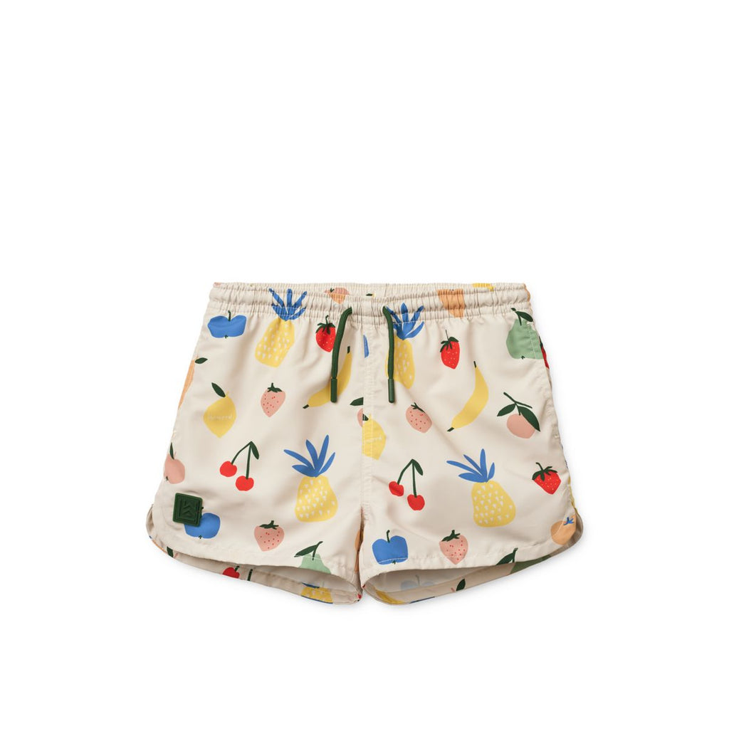 Shorts de bain amusants Sandy à imprimé fruits tropicaux en polyester recyclé avec protection UV40+ et filet intérieur pour les aventures à la plage et à la piscine