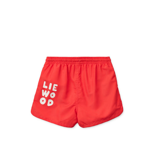 Short de bain en polyester recyclé, motif rouge vif, protection UV40+ et cordon de serrage à la taille pour les jeux aquatiques estivaux