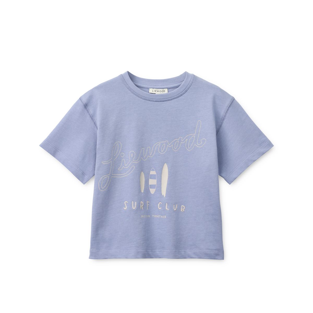 T-shirt à manches courtes en coton biologique lilas, coupe carrée, imprimé vagues, épaules tombantes, pour l'école et le week-end