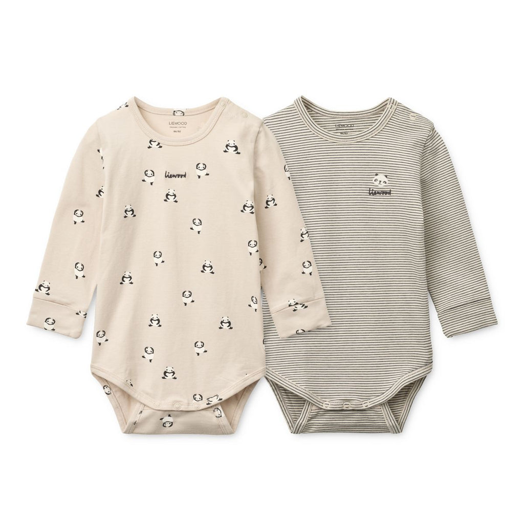 Grenouillère à manches longues en coton biologique à rayures marines et imprimé mini panda avec double fermeture à boutons-pression pour bébés à croissance rapide