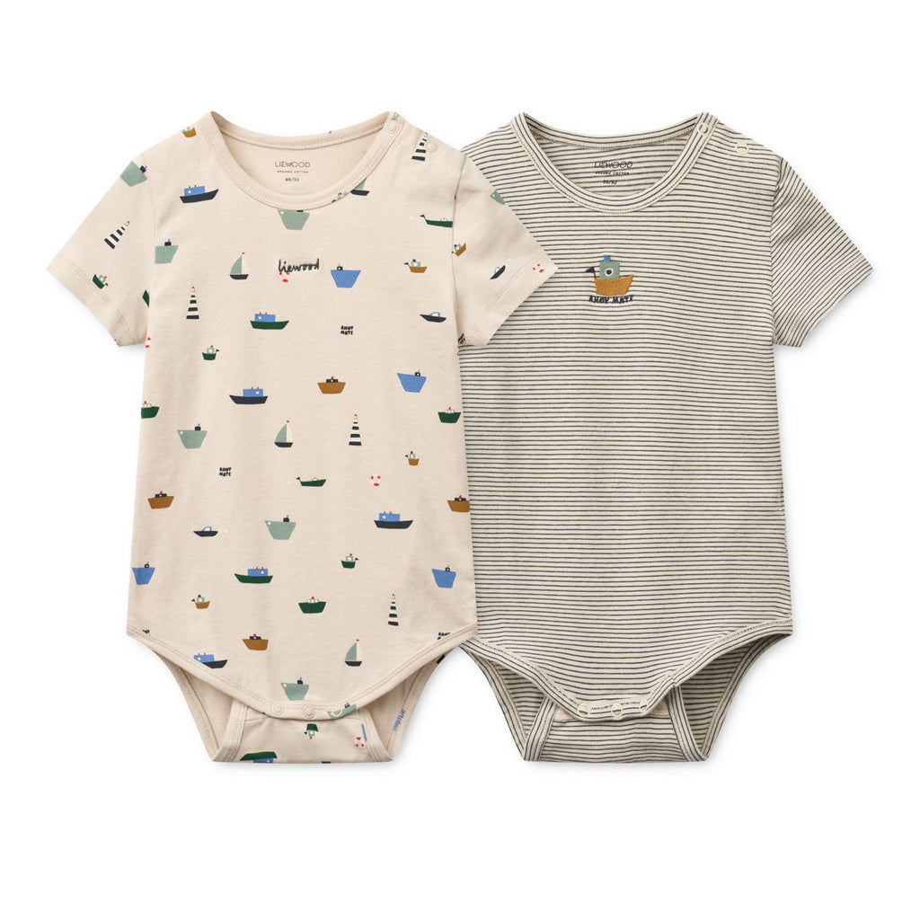 Barboteuse classique en coton biologique brossé à manches courtes, imprimé bateau de marine, avec boutons-pression évolutifs pour bébés et tout-petants