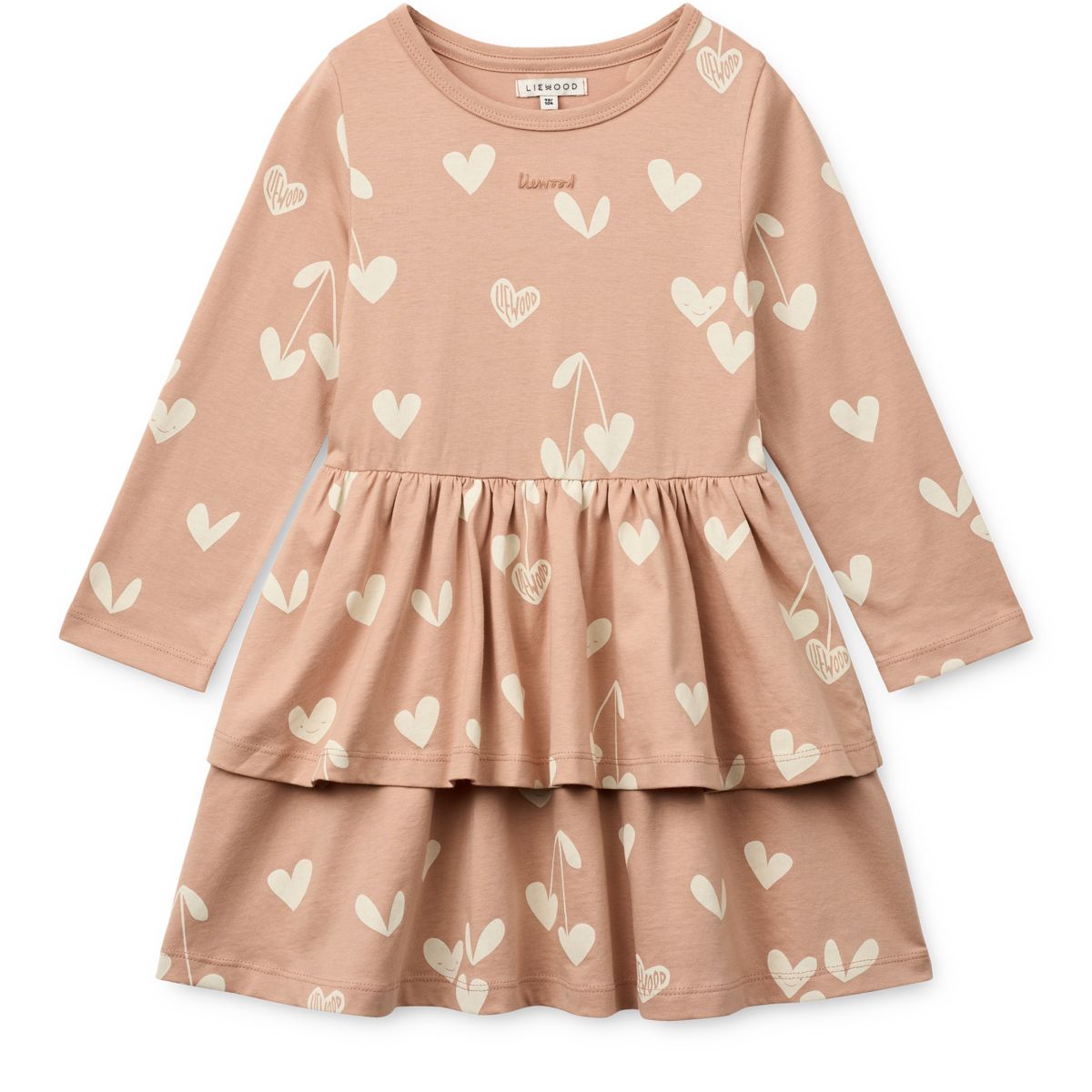 Robe festive en jersey de coton biologique à manches longues, imprimé cœurs Pâle Toscane, avec jupe à double volant pour occasions spéciales
