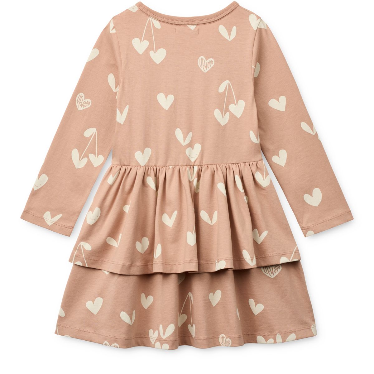 Robe festive en jersey de coton biologique à manches longues, imprimé cœurs Pâle Toscane, avec jupe à double volant pour occasions spéciales
