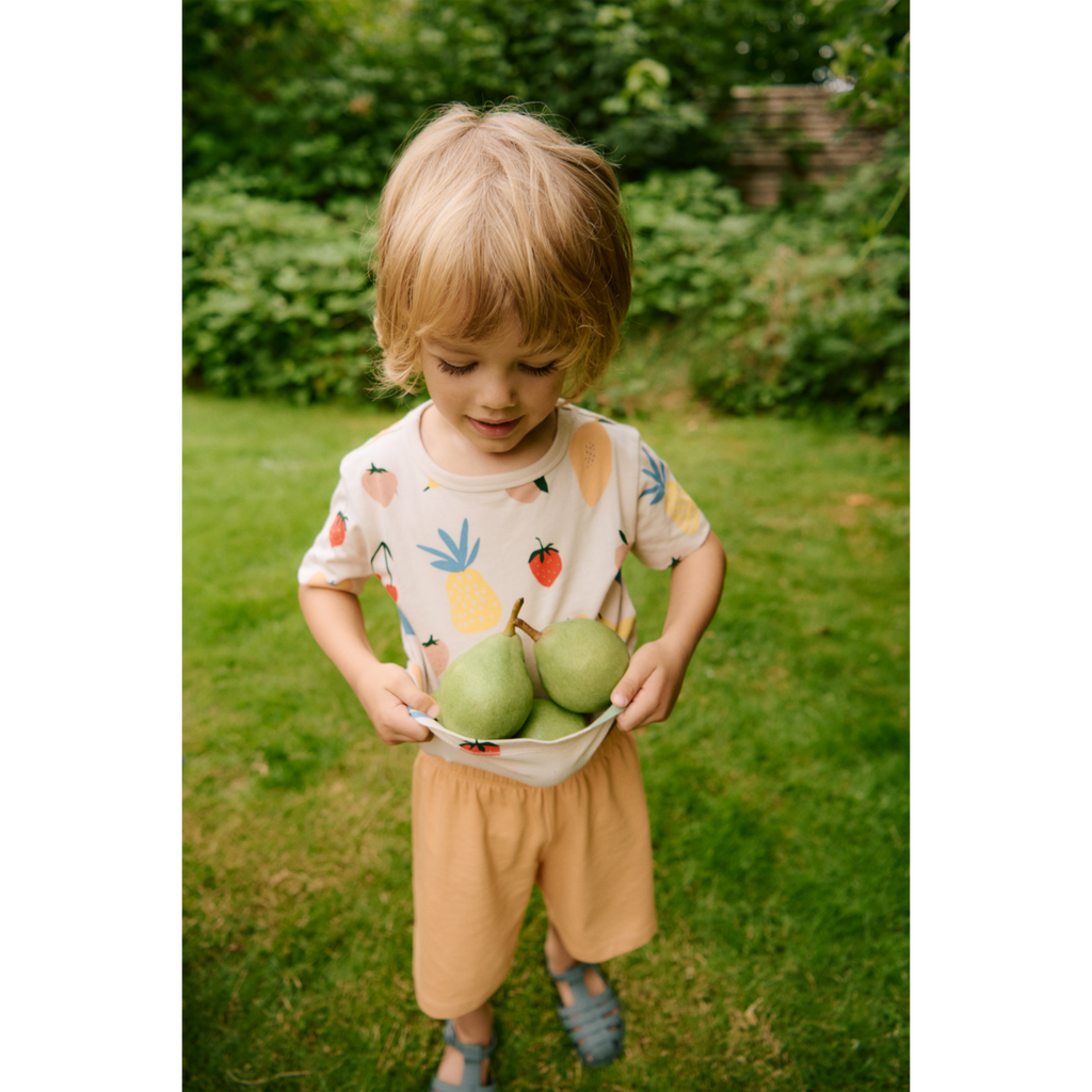 T-shirt décontracté en coton biologique à imprimé fruits tropicaux, à manches courtes, col rond et coupe régulière pour le quotidien des enfants