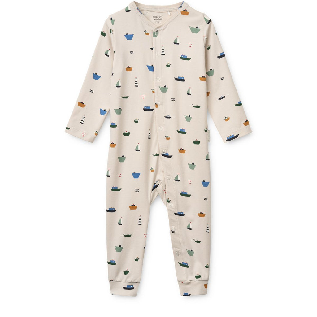 Combinaison pyjama en coton biologique imprimé voilier avec boutons-pression sur toute la longueur pour le sommeil et le jeu