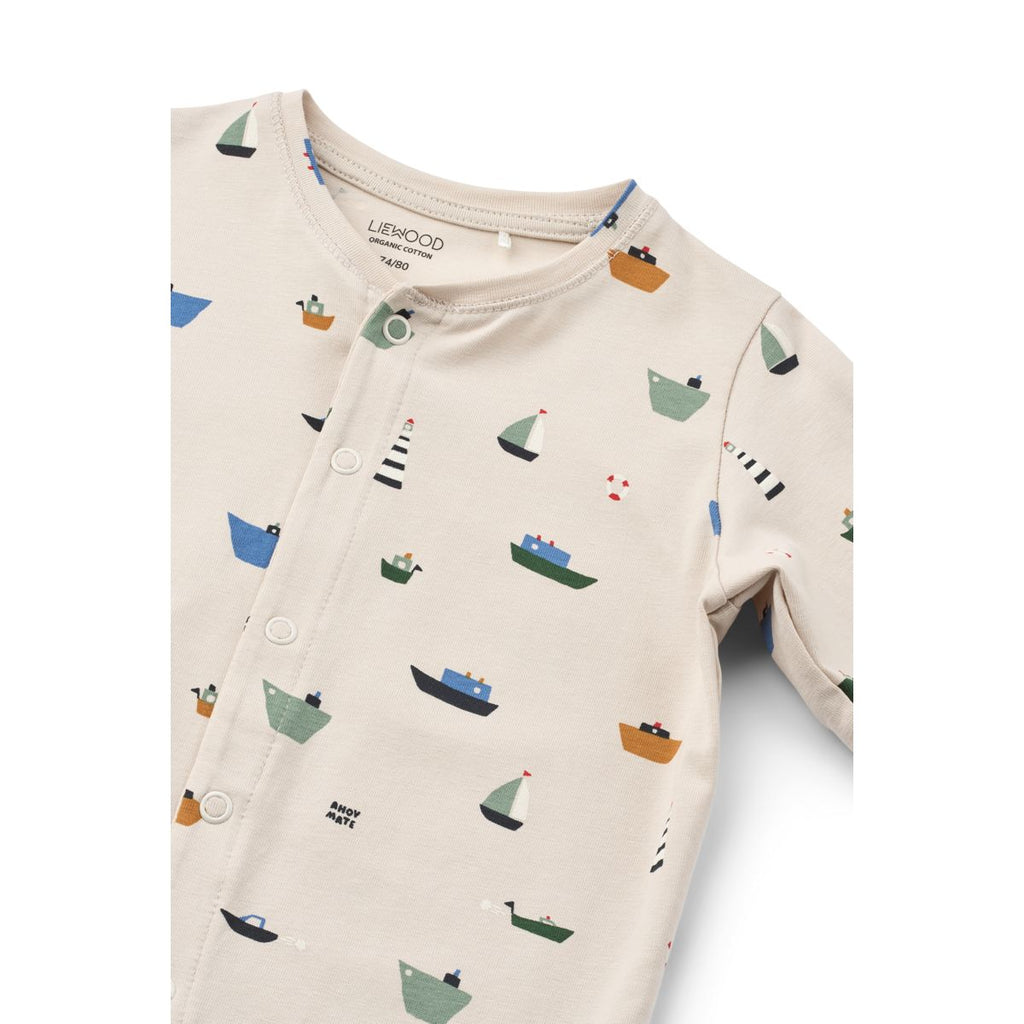 Combinaison pyjama en coton biologique imprimé voilier avec boutons-pression sur toute la longueur pour le sommeil et le jeu