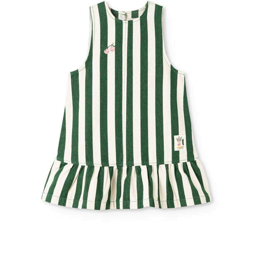 Robe trapèze en jean de coton à rayures avec volants, poches plaquées et boutons croisés dans le dos pour le quotidien des enfants