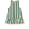 Robe trapèze en jean de coton à rayures avec volants, poches plaquées et boutons croisés dans le dos pour le quotidien des enfants