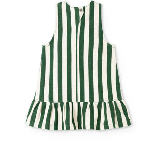 Robe trapèze en jean de coton à rayures avec volants, poches plaquées et boutons croisés dans le dos pour le quotidien des enfants