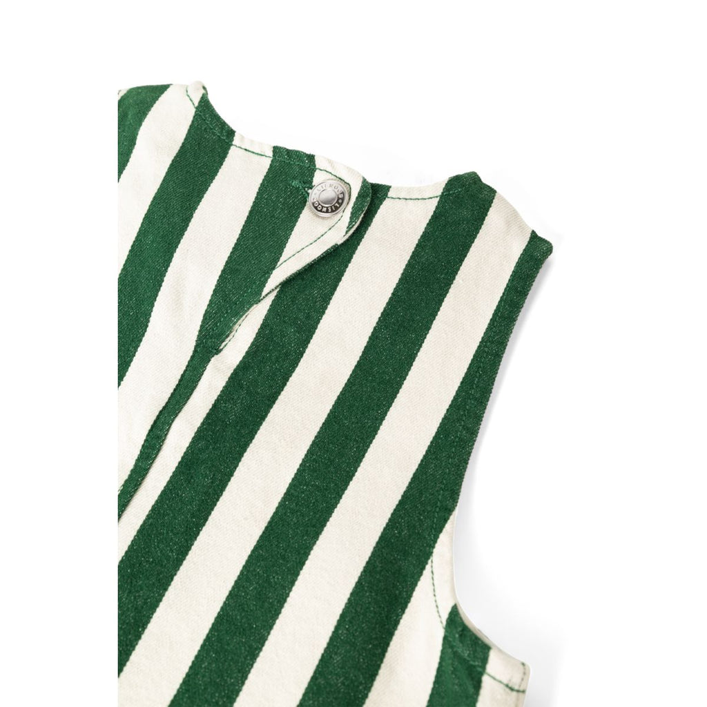 Robe trapèze en jean de coton à rayures avec volants, poches plaquées et boutons croisés dans le dos pour le quotidien des enfants
