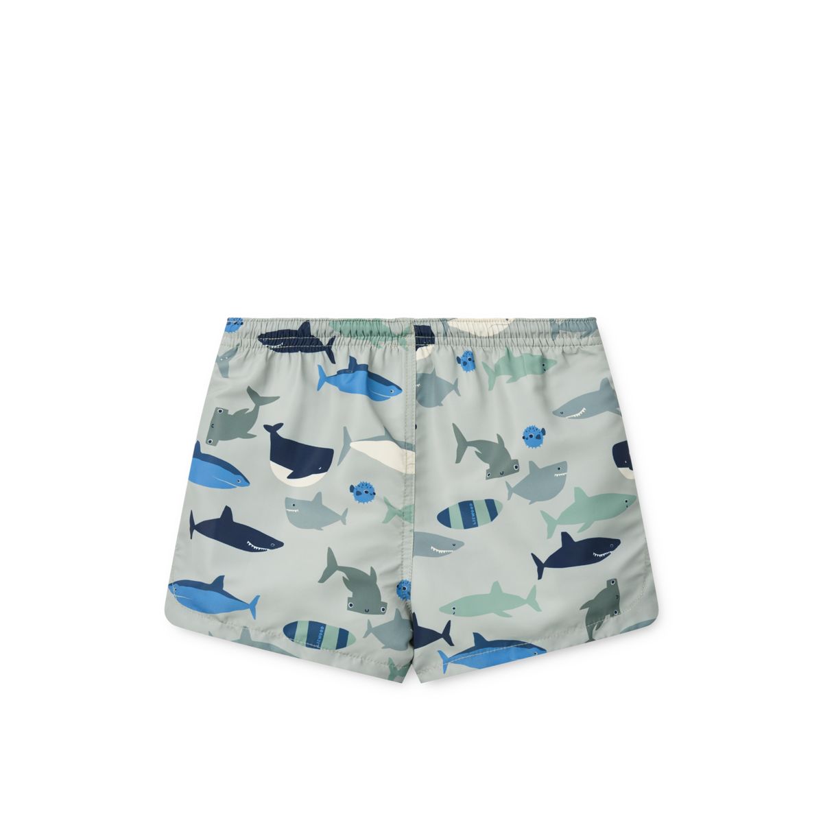 Short de bain en polyester recyclé, motif requin bleu espiègle, protection UV40+ et poches latérales pour les journées à la plage