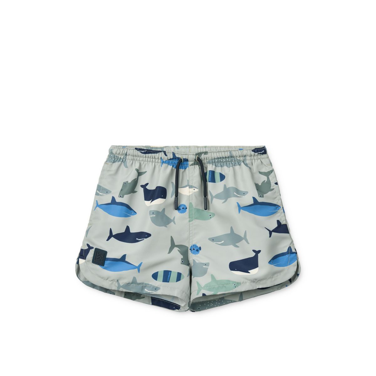Short de bain en polyester recyclé, motif requin bleu espiègle, protection UV40+ et poches latérales pour les journées à la plage