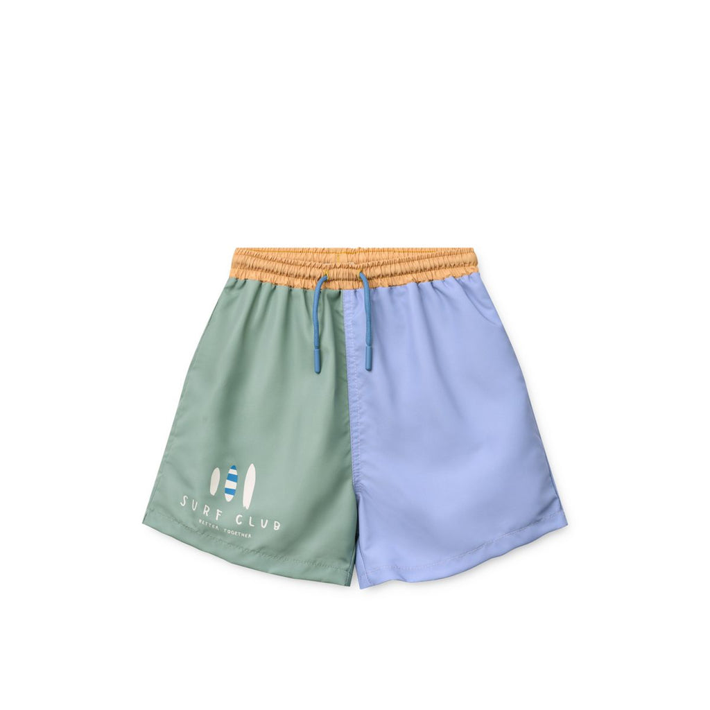 Short de bain multicolore imprimé menthe poivrée vif en polyester recyclé avec protection anti-UV 40+ pour enfants, idéal pour la piscine et les jeux au jardin
